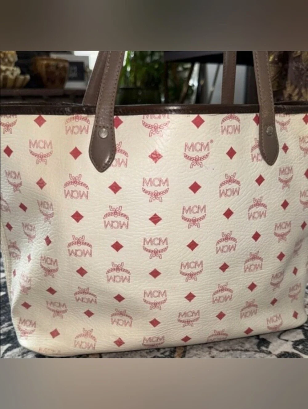 MCM White Pink Logo Canvas Tote with Multicolor Accent Stripes